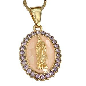 Virgin Mary Our Lady of Guadalupe Gold Necklace 19" Plated Pendant Mexican Saint